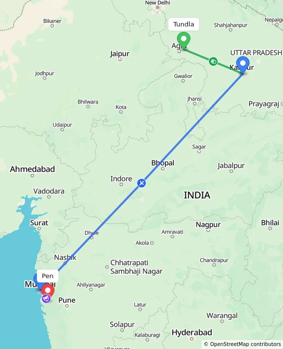 Route map showing distance and travel time from Tundla, India to Pen, India