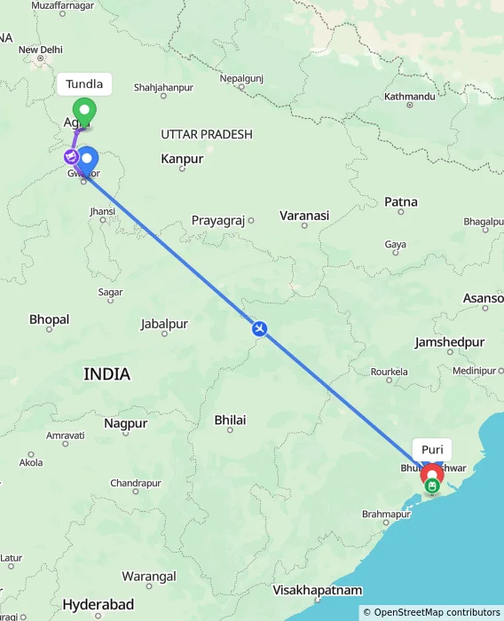 Route map showing distance and travel time from Tundla, India to Puri, India