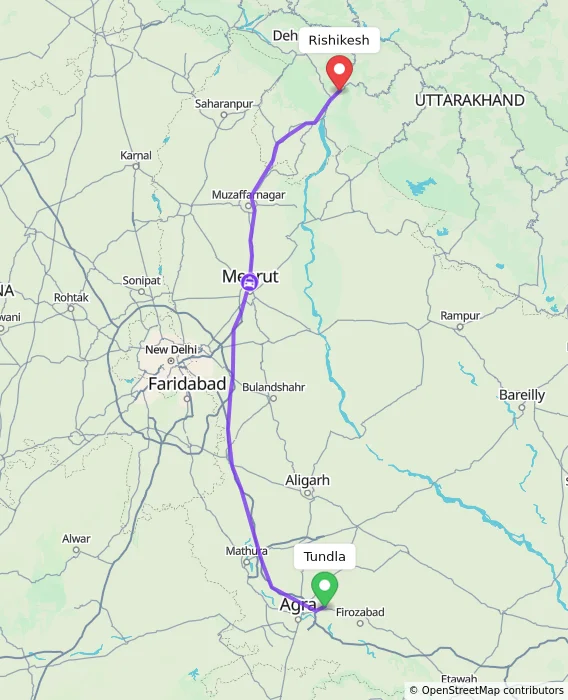 Route map showing distance and travel time from Tundla, India to Rishikesh, India