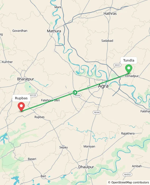 Route map showing distance and travel time from Tundla, India to Rupbas, India