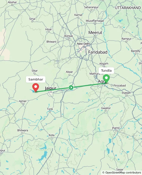 Route map showing distance and travel time from Tundla, India to Sambhar, India