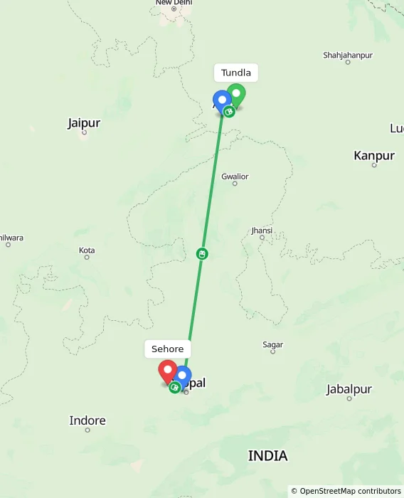 Route map showing distance and travel time from Tundla, India to Sehore, India