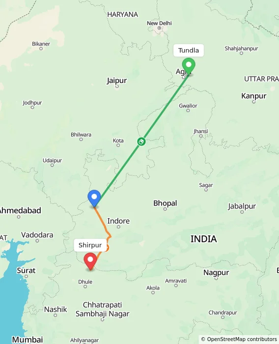 Route map showing distance and travel time from Tundla, India to Shirpur, India