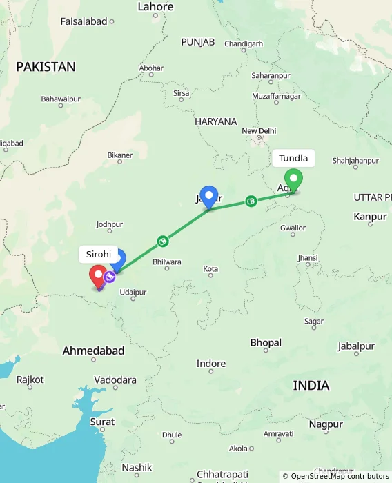 Route map showing distance and travel time from Tundla, India to Sirohi, India
