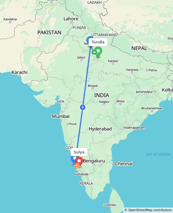 Route map showing distance and travel time from Tundla, India to Sulya, India