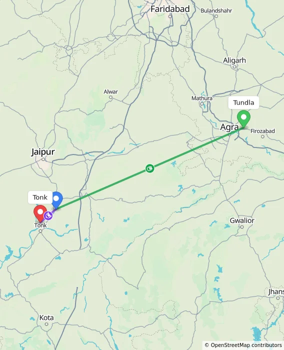 Route map showing distance and travel time from Tundla, India to Tonk, India
