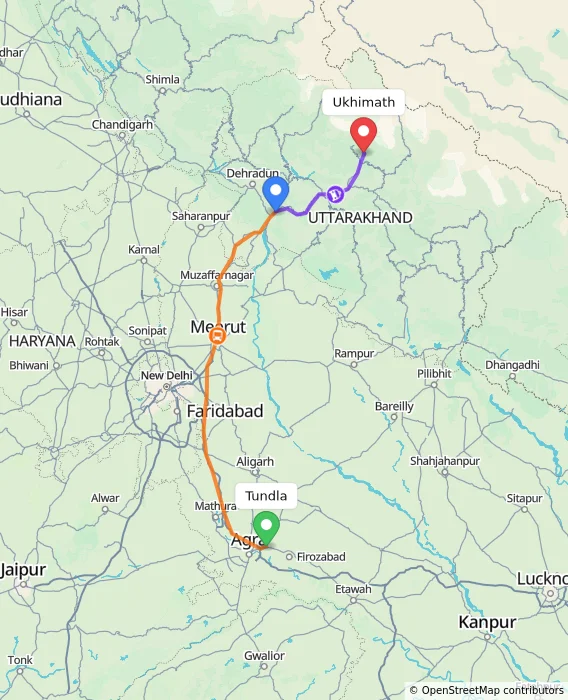 Route map showing distance and travel time from Tundla, India to Ukhimath, India