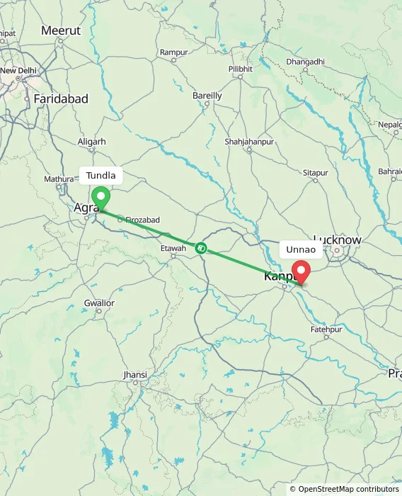 Route map showing distance and travel time from Tundla, India to Unnao, India