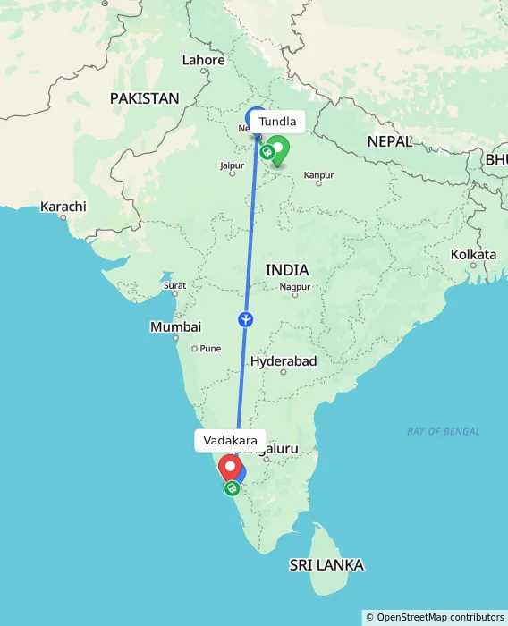 Route map showing distance and travel time from Tundla, India to Vadakara, India