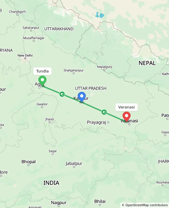 Route map showing distance and travel time from Tundla, India to Varanasi, India