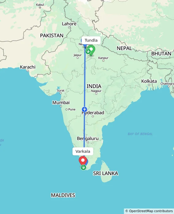 Route map showing distance and travel time from Tundla, India to Varkala, India