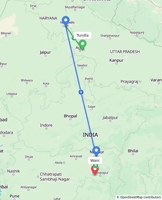 Route map showing distance and travel time from Tundla, India to Wani, India