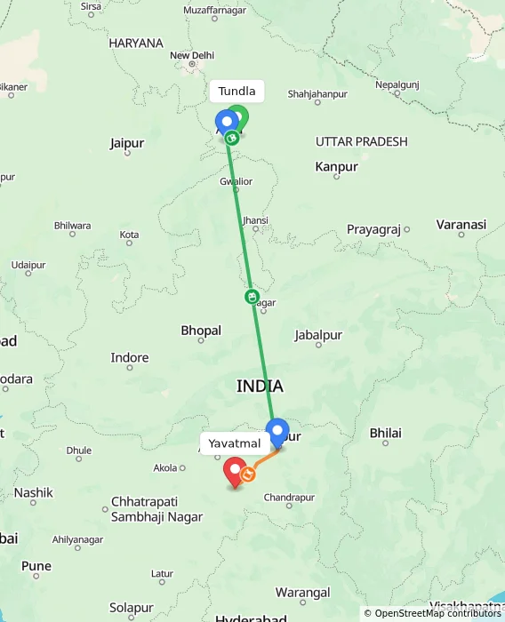 Route map showing distance and travel time from Tundla, India to Yavatmal, India