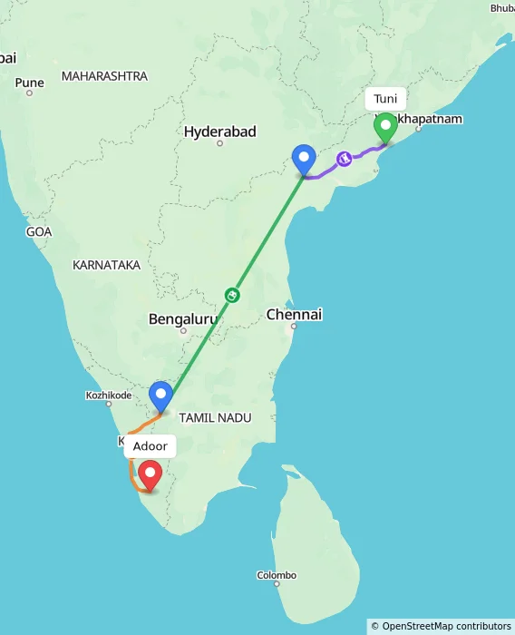 Route map showing distance and travel time from Tuni, India to Adoor, India