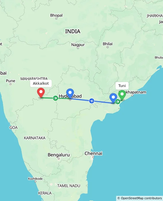 Route map showing distance and travel time from Tuni, India to Akkalkot, India