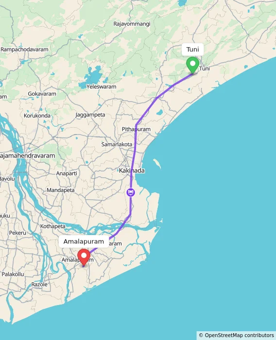 Route map showing distance and travel time from Tuni, India to Amalapuram, India