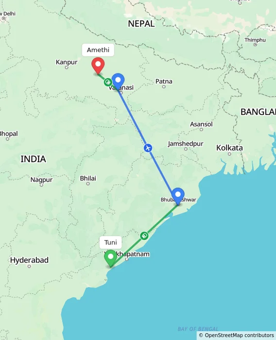 Route map showing distance and travel time from Tuni, India to Amethi, India