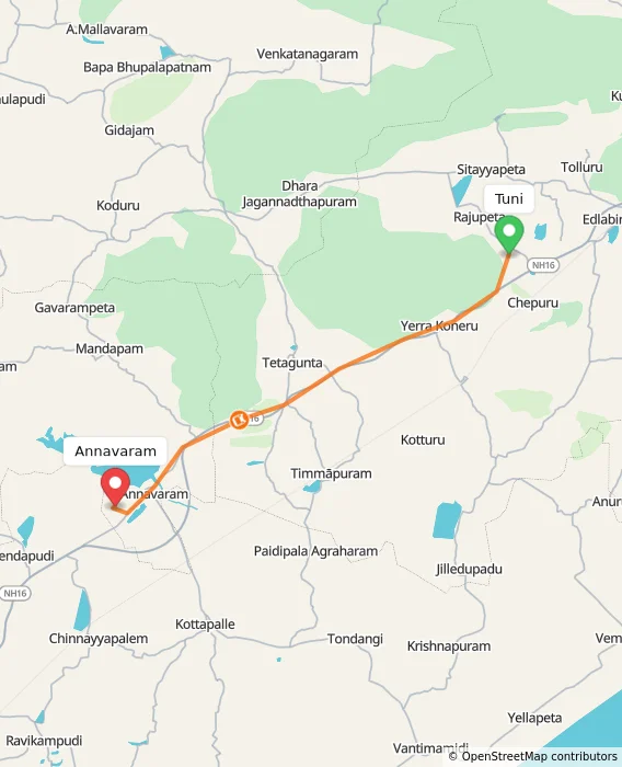 Route map showing distance and travel time from Tuni, India to Annavaram, India