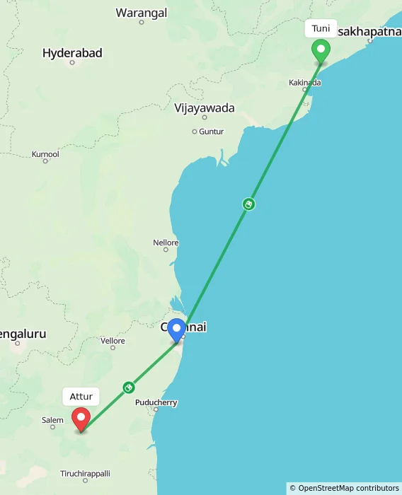 Route map showing distance and travel time from Tuni, India to Attur, India