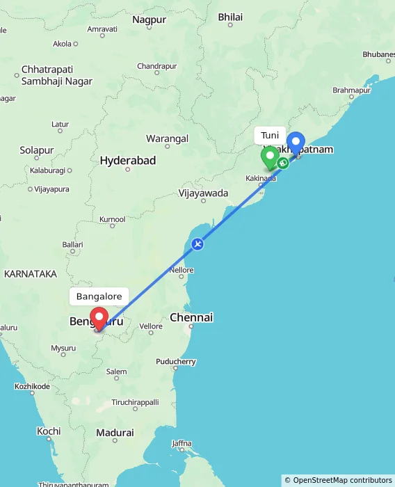 Route map showing distance and travel time from Tuni, India to Bangalore, India