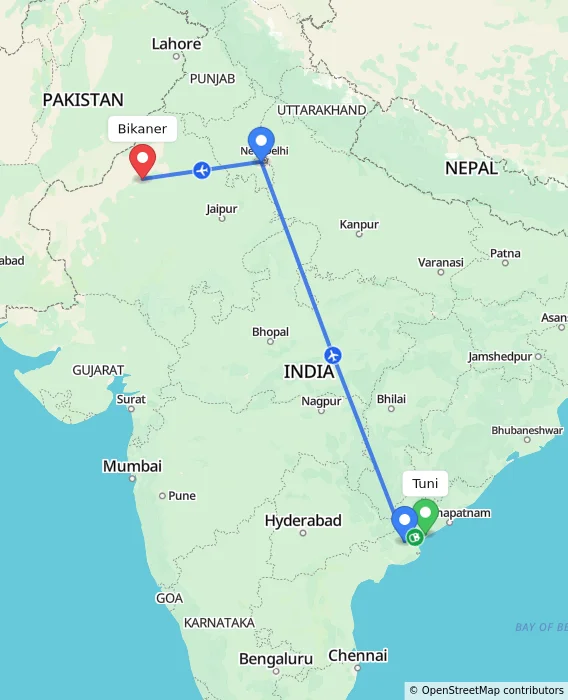 Route map showing distance and travel time from Tuni, India to Bikaner, India