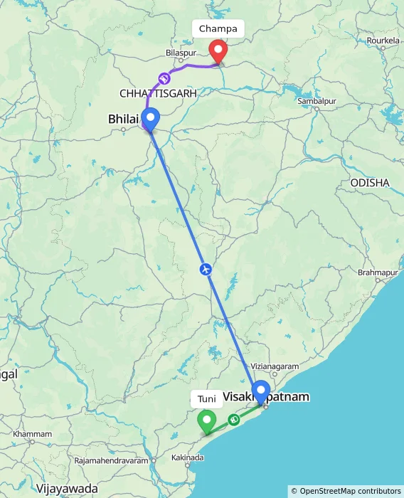 Route map showing distance and travel time from Tuni, India to Champa, India