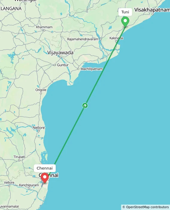 Route map showing distance and travel time from Tuni, India to Chennai, India
