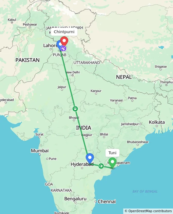 Route map showing distance and travel time from Tuni, India to Chintpurni, India