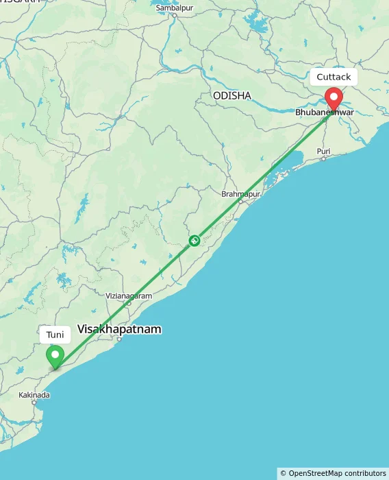 Route map showing distance and travel time from Tuni, India to Cuttack, India