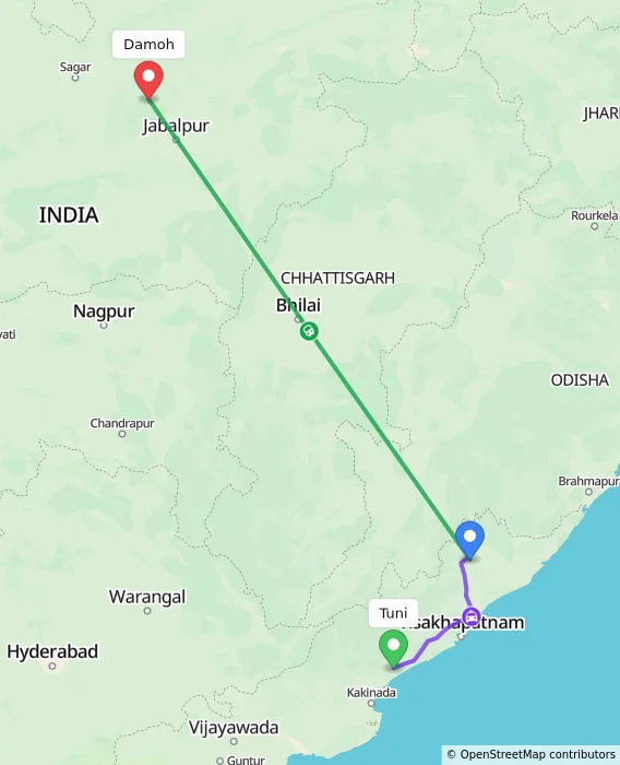 Route map showing distance and travel time from Tuni, India to Damoh, India