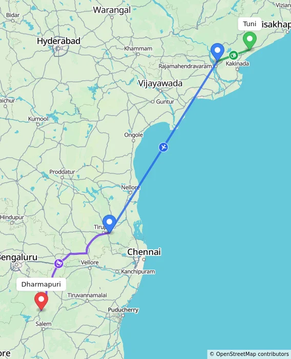 Route map showing distance and travel time from Tuni, India to Dharmapuri, India