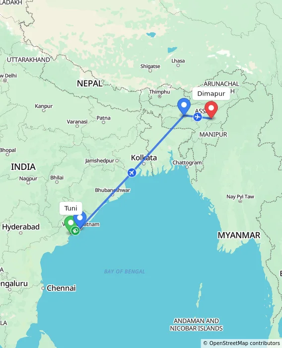Route map showing distance and travel time from Tuni, India to Dimapur, India