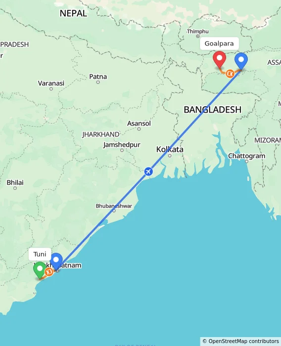 Route map showing distance and travel time from Tuni, India to Goalpara, India