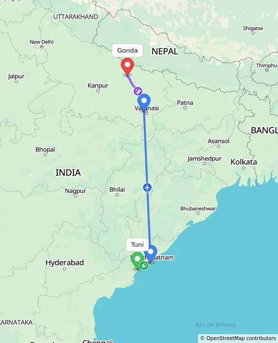 Route map showing distance and travel time from Tuni, India to Gonda, India