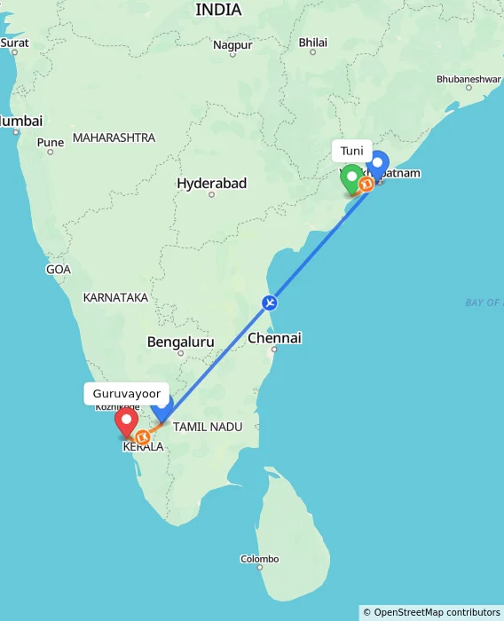 Route map showing distance and travel time from Tuni, India to Guruvayoor, India