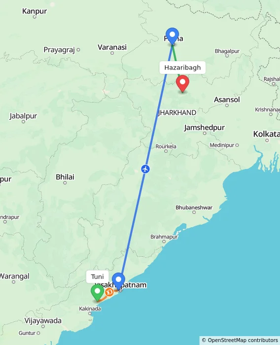 Route map showing distance and travel time from Tuni, India to Hazaribagh, India