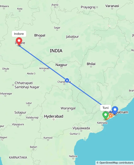 Route map showing distance and travel time from Tuni, India to Indore, India
