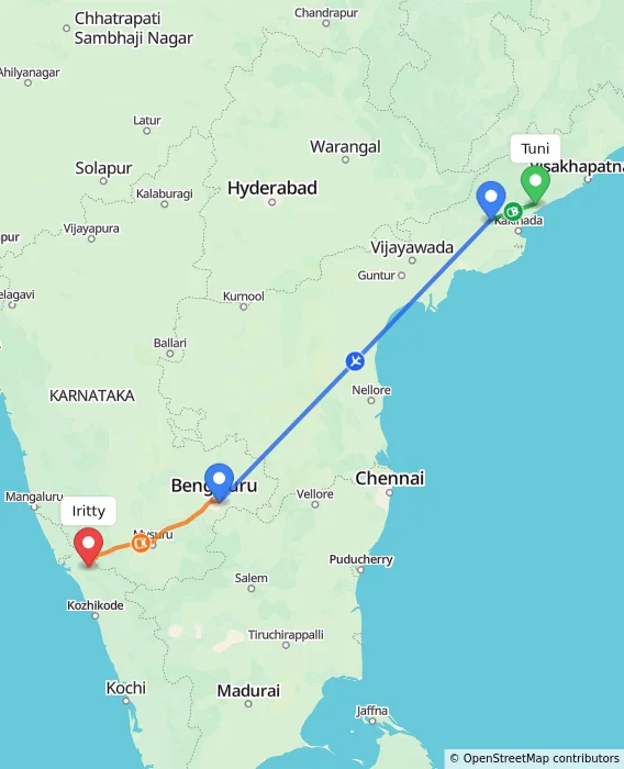 Route map showing distance and travel time from Tuni, India to Iritty, India