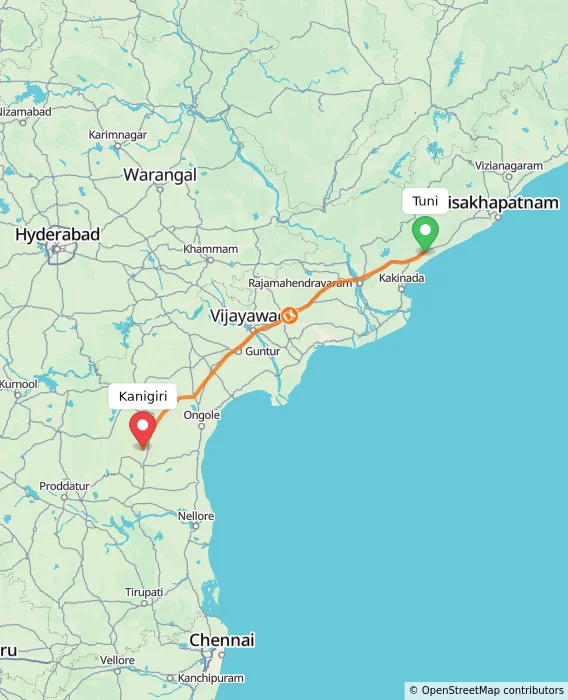 Route map showing distance and travel time from Tuni, India to Kanigiri, India