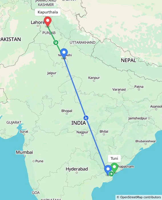 Route map showing distance and travel time from Tuni, India to Kapurthala, India