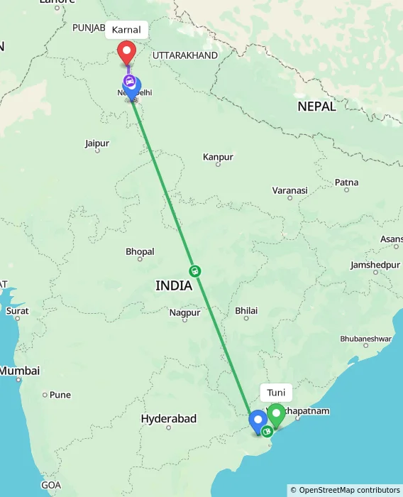 Route map showing distance and travel time from Tuni, India to Karnal, India