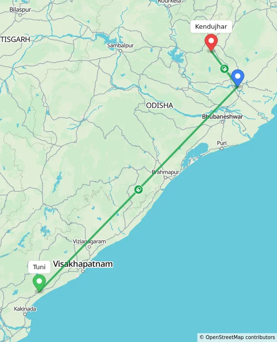Route map showing distance and travel time from Tuni, India to Kendujhar, India