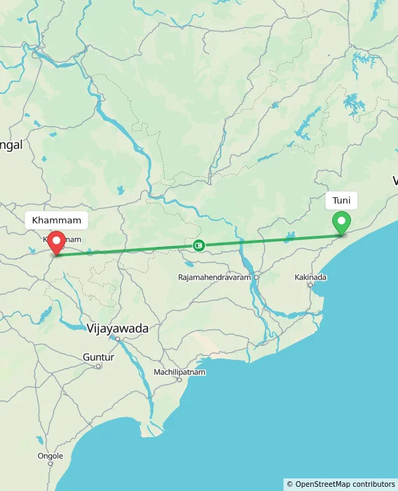 Route map showing distance and travel time from Tuni, India to Khammam, India