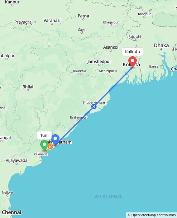 Route map showing distance and travel time from Tuni, India to Kolkata, India