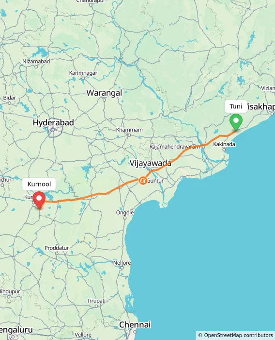 Route map showing distance and travel time from Tuni, India to Kurnool, India