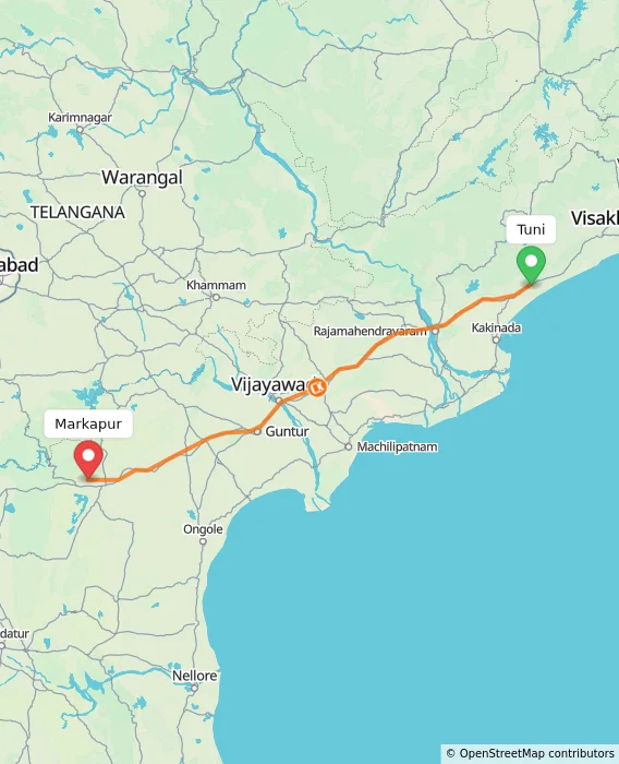Route map showing distance and travel time from Tuni, India to Markapur, India
