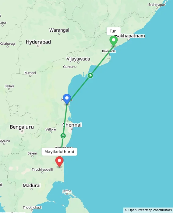 Route map showing distance and travel time from Tuni, India to Mayiladuthurai, India