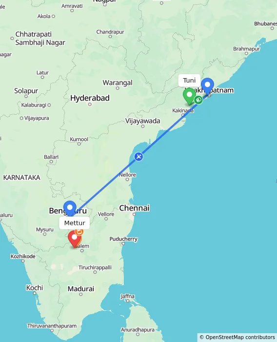 Route map showing distance and travel time from Tuni, India to Mettur, India
