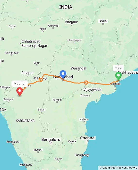 Route map showing distance and travel time from Tuni, India to Mudhol, India