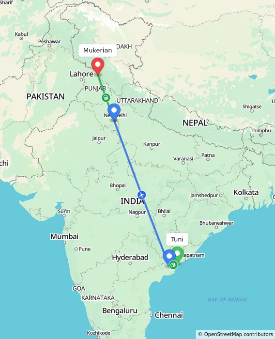 Route map showing distance and travel time from Tuni, India to Mukerian, India
